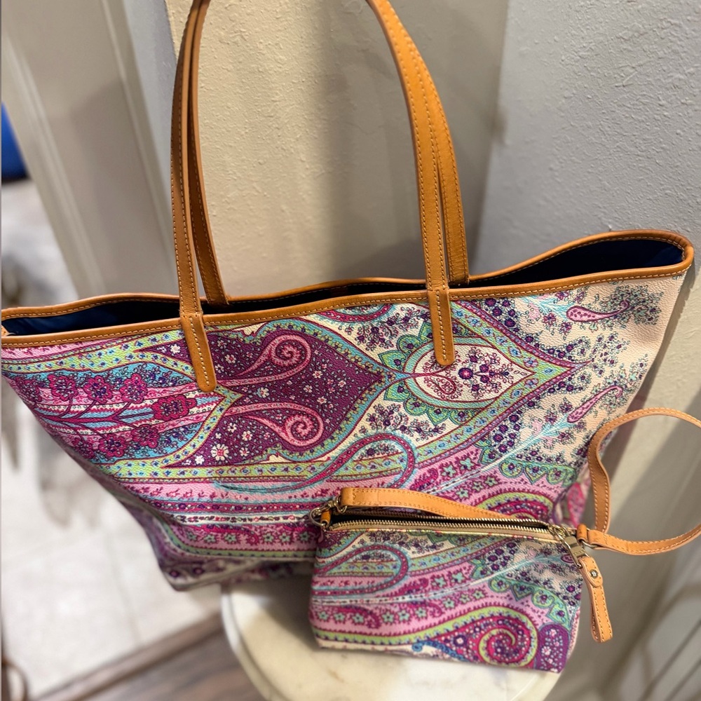 Etro Canvas Coated Canvas and Leather Paisley Tote Bag with Matching Wristlet